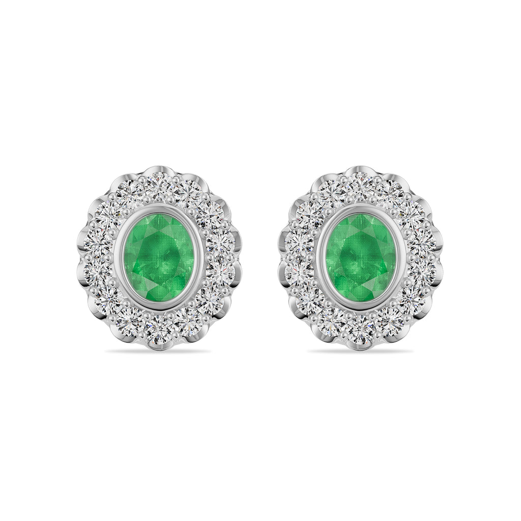 Oval Emerald & Round diamond Stud Earrings - ER34