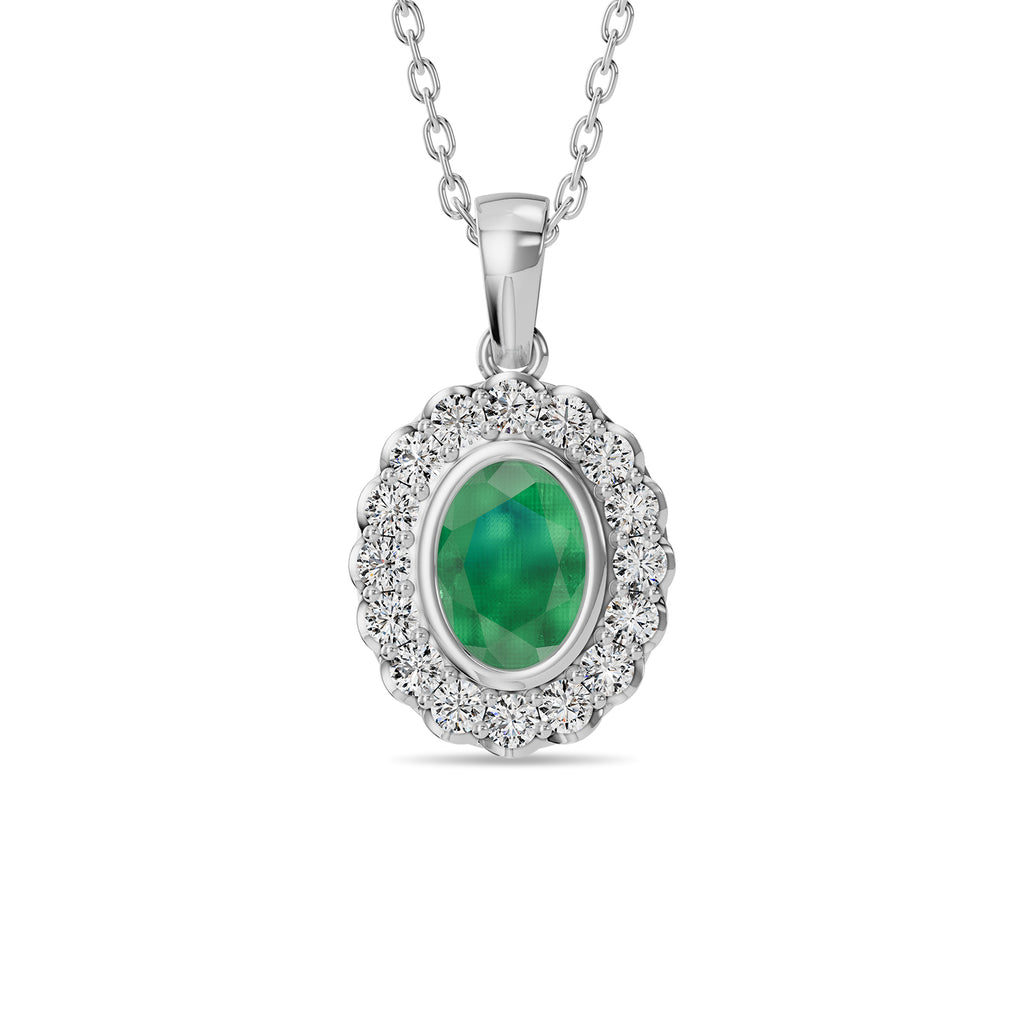 Oval Emerald & Round Diamonds Pendant With Chain - PD16
