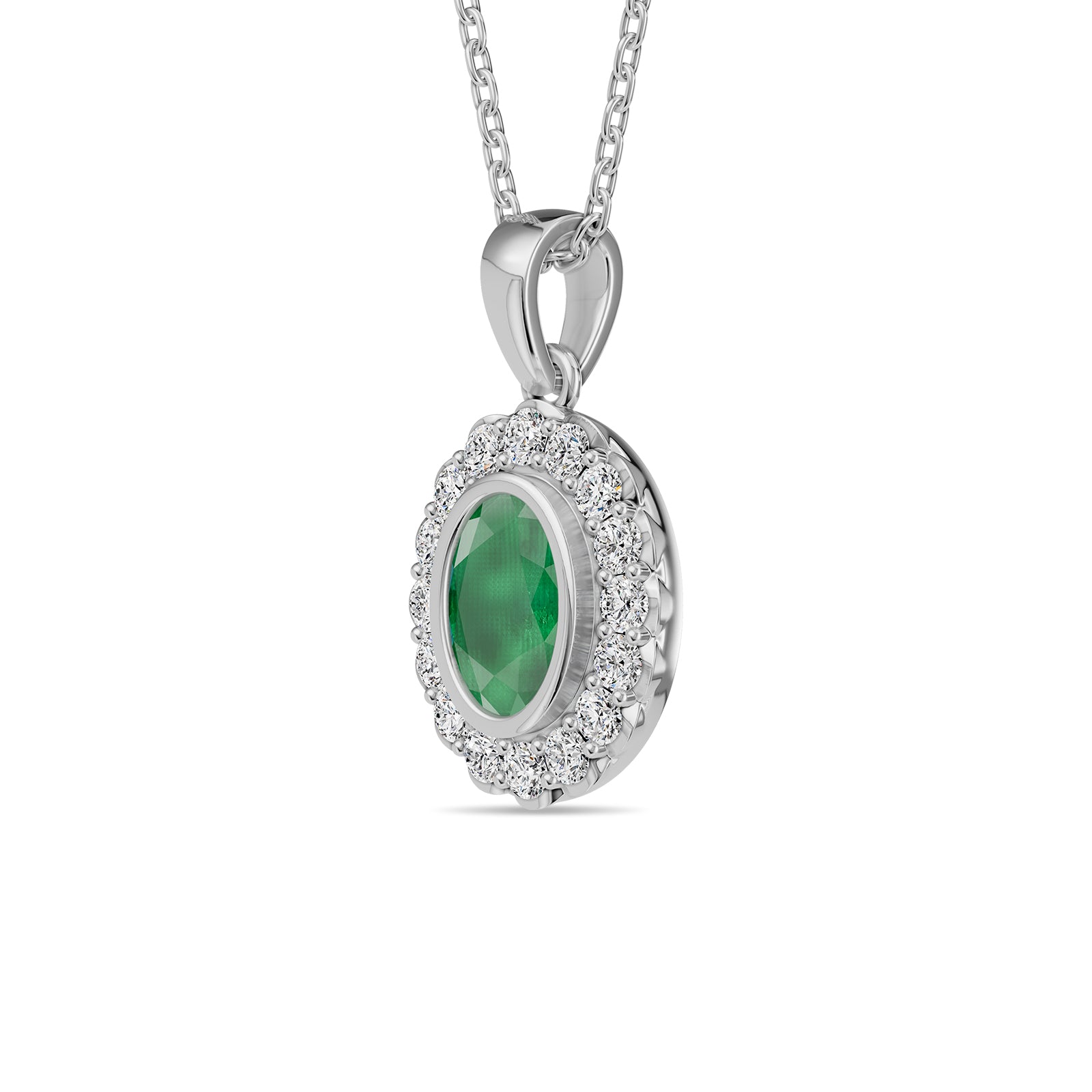 Oval Emerald & Round Diamonds Pendant With Chain - PD16