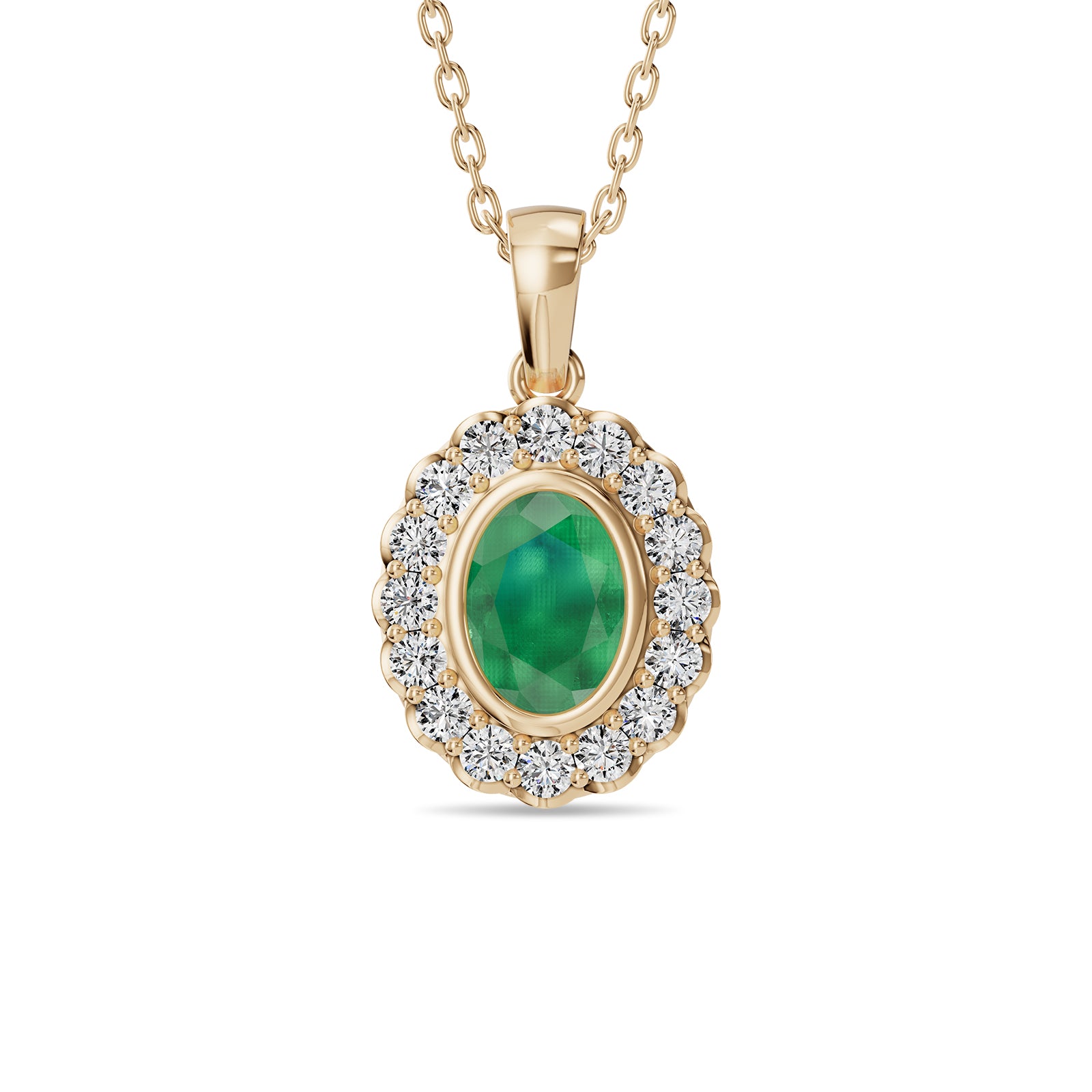 Oval Emerald & Round Diamonds Pendant With Chain - PD16