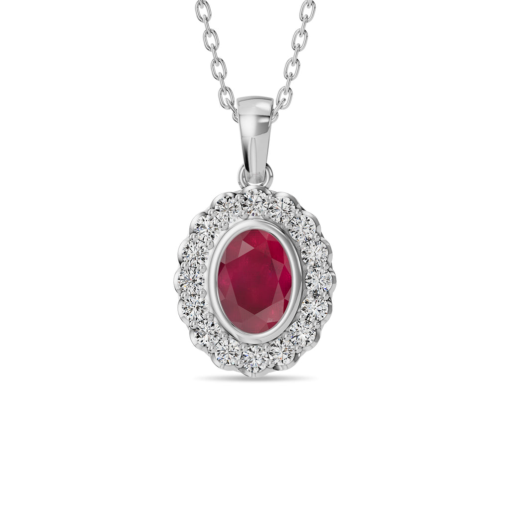 Oval Ruby & Round Diamonds Pendant With Chain - PD17