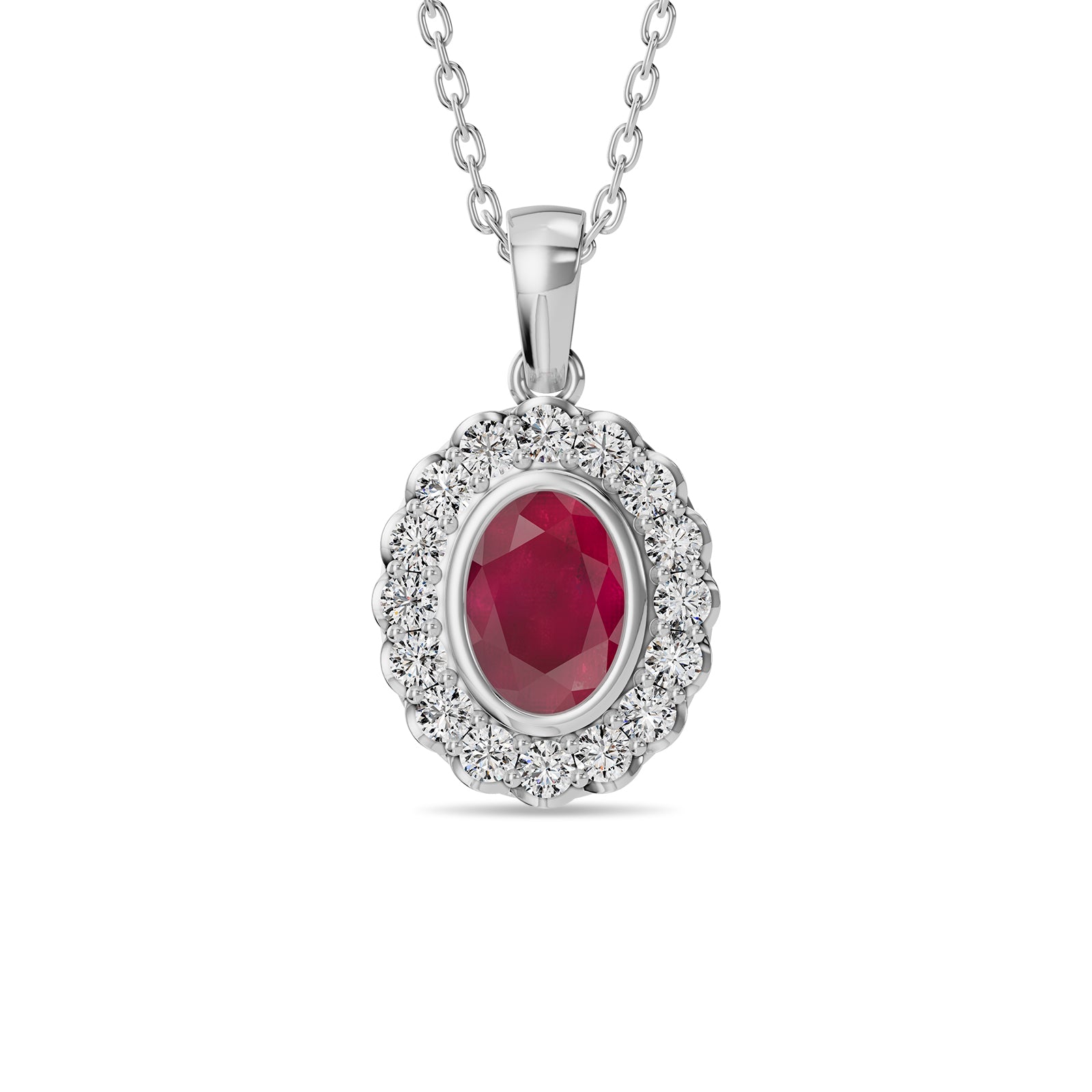 Oval Ruby & Round Diamonds Pendant With Chain - PD17