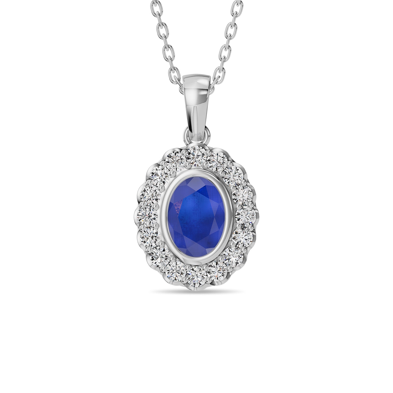 Oval Sapphire & Round Diamonds Pendant With Chain - PD18